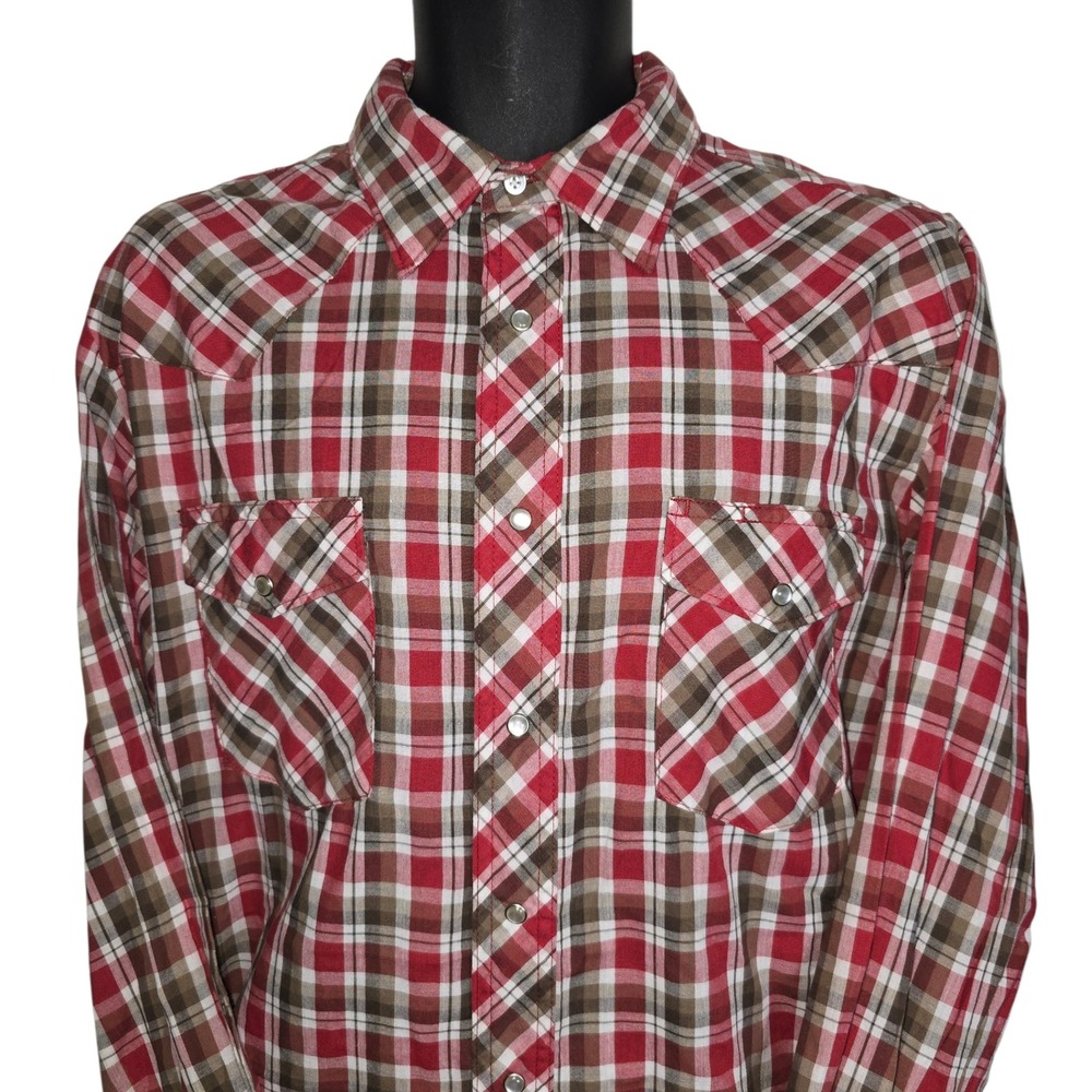 Rustler Mens XL Red Plaid Pearl Snap Western Shirt X-Long Tails 75165RP
